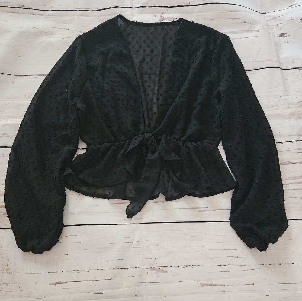 Sheer Black Women's Tie Front Long Sleeve Blouse Size Small